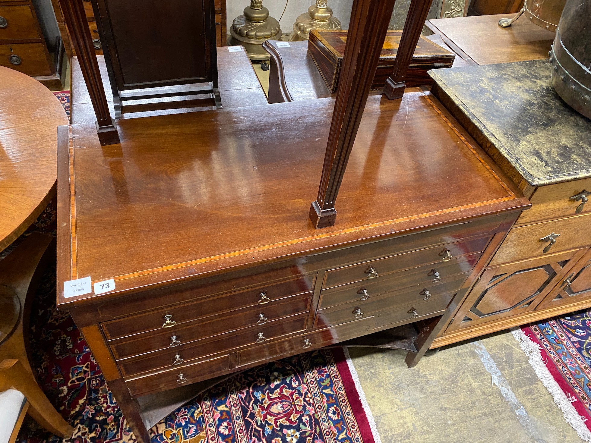 An Edwardian style satinwood banded mahogany five drawer chest, width 93cm, depth 46cm, height 80cm